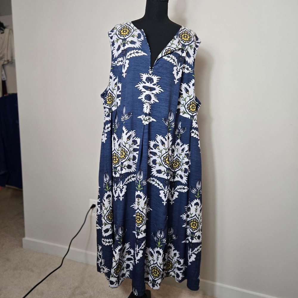 eShakti Wayward Fancies Midi Dress Womens 4X-30W Blue Floral Pleated (D6)
